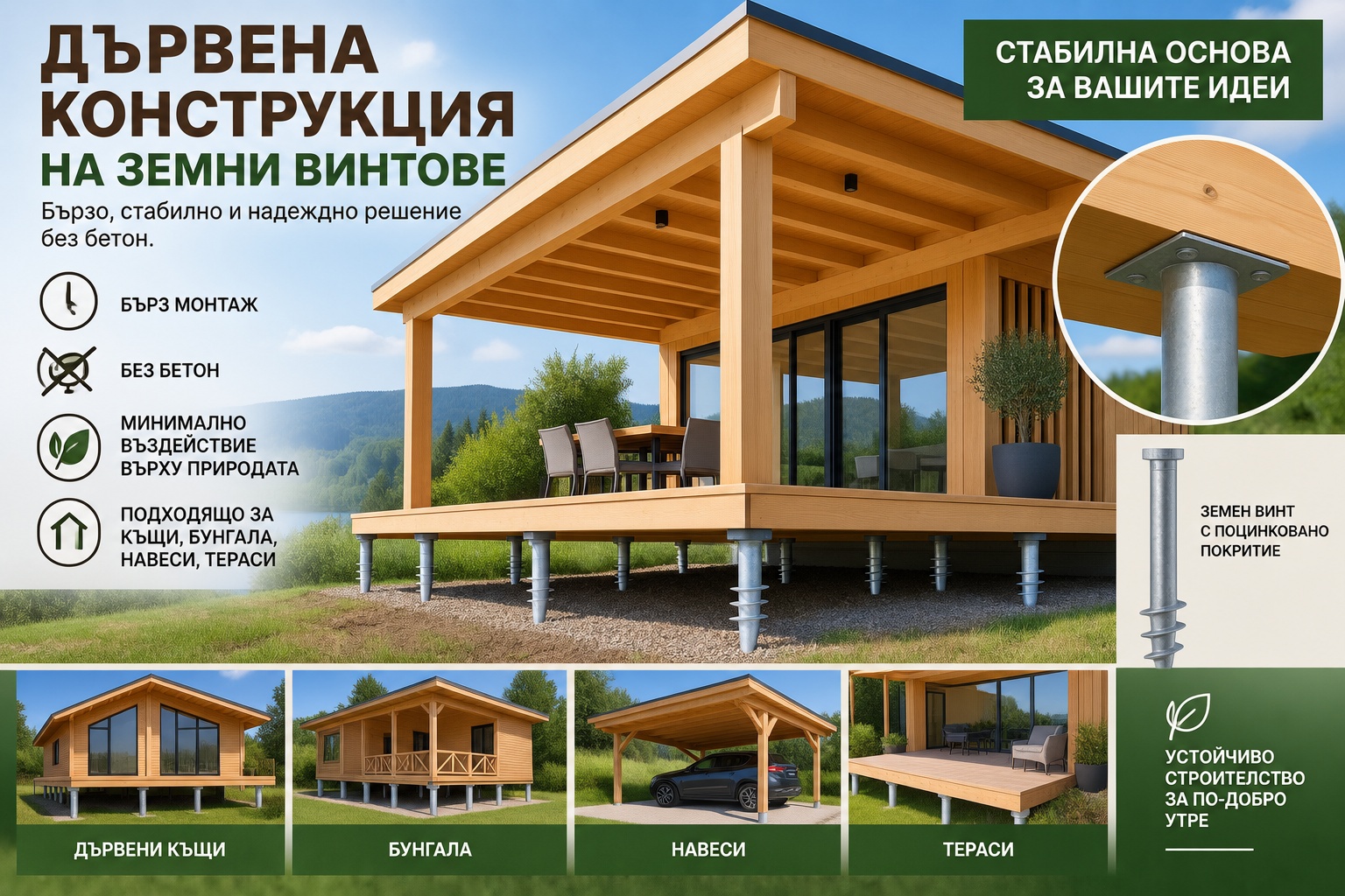 Земни винтове за дървени къщи, веранди и тераси